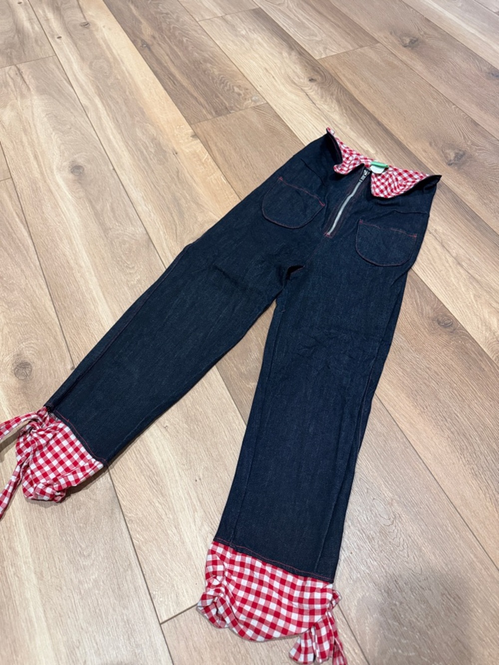 Dark Denim capris with Red Gingham Trim